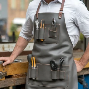 Carpentry Leather Apron – Grey Crazy Horse Leather with Tool Pockets